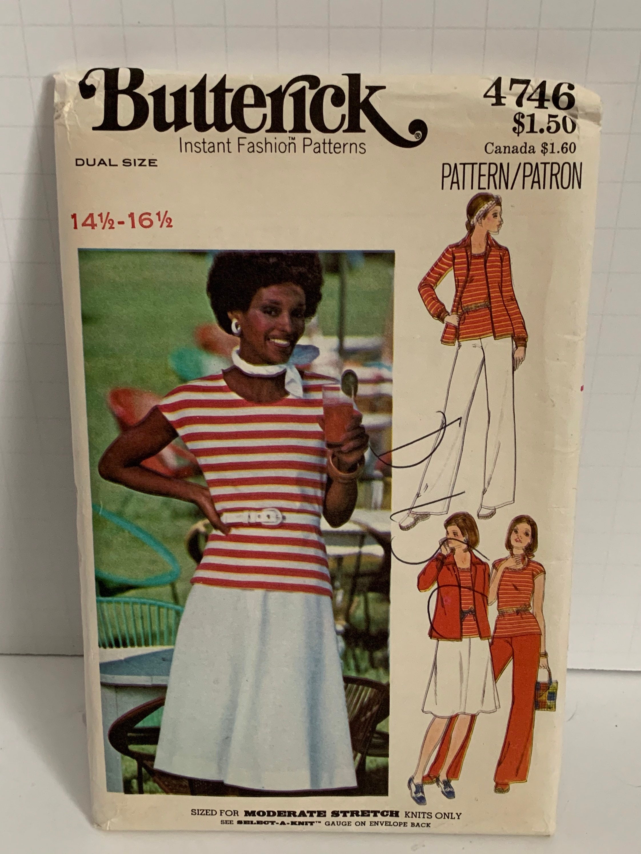 Vintage Butterick 4746 Women’s  Misses Tee Top Shirt Skirt Pants Sewing Pattern Half Sizes 14  1/2-16 1/2 1980s UNCUT