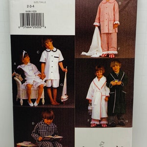 May include: A sewing pattern for children's pajamas. The pattern includes four different styles: a white pajama set with a collar, a pink striped pajama set with a collar, a white robe with a pink trim, and a black and white plaid pajama set. The pattern is for sizes 2-3-4. The pattern number is 9109/020.