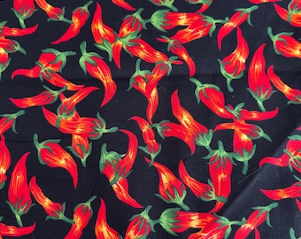 Red Chili Peppers Fabric Cotton David Textiles Black Background Kitchen Tabletop 44x33