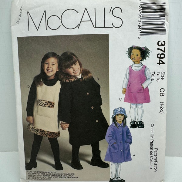 McCall’s 3794 Toddler and Girl’s Coat Hat and Jumper Dress Sewing Pattern Outerwear  Coat and Hat for Knits Only Sizes 1-2-3 UNCUT FF