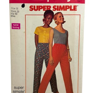 May include: Vintage Simplicity sewing pattern, featuring two women modeling pants. The pattern is labeled "Super Simple" and includes sizing information: Size 16, Waist 74 cm, Hip 102 cm. The cover is red and white with the number 8633.