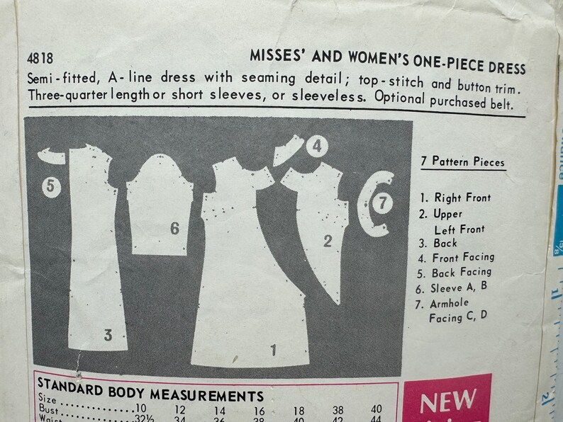 Butterick 4818 Misses 1960s A-Line Dress Seamed on a Curve Sewing Pattern Assymetrical Topstitch Front Button Trim Size 14 Bust 36 image 3