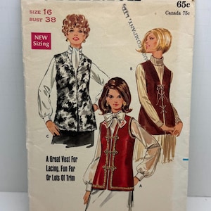 May include: Vintage sewing pattern for a vest, featuring three different styles. The pattern is from Butterick and is number 5486. The pattern is for sizes 8 to 16. The pattern is for a vest that can be laced, trimmed with fur, or decorated with trim.