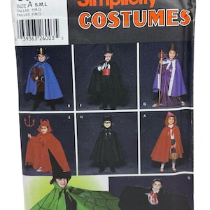 May include: Simplicity Costumes pattern featuring various children's Halloween costumes. The image shows a variety of costumes, including a devil, a vampire, a bat, and a Little Red Riding Hood. The pattern includes sizes A, S, M, and L.