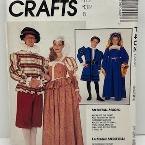 May include: A sewing pattern for medieval costumes. The pattern includes instructions for making costumes for adults and children. The pattern is for sizes X-Small through Large for adults and sizes 7 through 14 for children. The pattern includes a red and white striped shirt, a brown dress with a white collar, a blue tunic with a white collar, and a blue dress with a white collar.