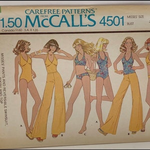 VTG McCalls 4501 bikini badpak naaipatroon bikini ééndelig badpak broek Bell Bottoms halter top maat 10 buste 32,5 jaren 1970 ONBESNEDEN FF