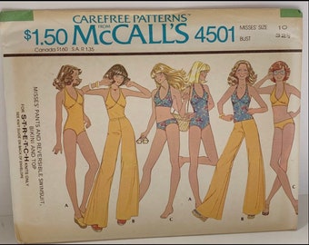 VTG McCalls 4501 Bikini Bathing Suit Sewing Pattern Bikini One Piece Swimsuit Pants Bell Bottoms Halter Top Size 10 Bust 32.5 1970s UNCUT FF