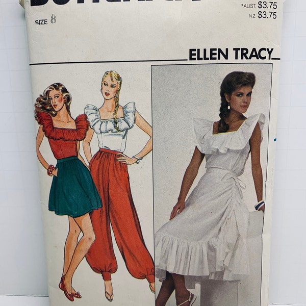 Vintage Butterick 4427 BOHO Tiered Skirt Top Shorts and Harem Pants Sewing Pattern Peasant Style Off Shoulder Ruffle Size 8