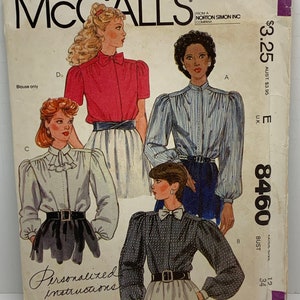 Misses Tops McCall’s 8460 Blouse Sewing Pattern  Button Front Tie or Band Collar Size 12 Bust 34 UNCUT FF