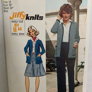 Vintage Simplicity 5452 Womens Misses Unlined Cardigan Jacket Pants and Skirt Sewing Pattern Size 16 1970s Neatly Cut and Complete image 1