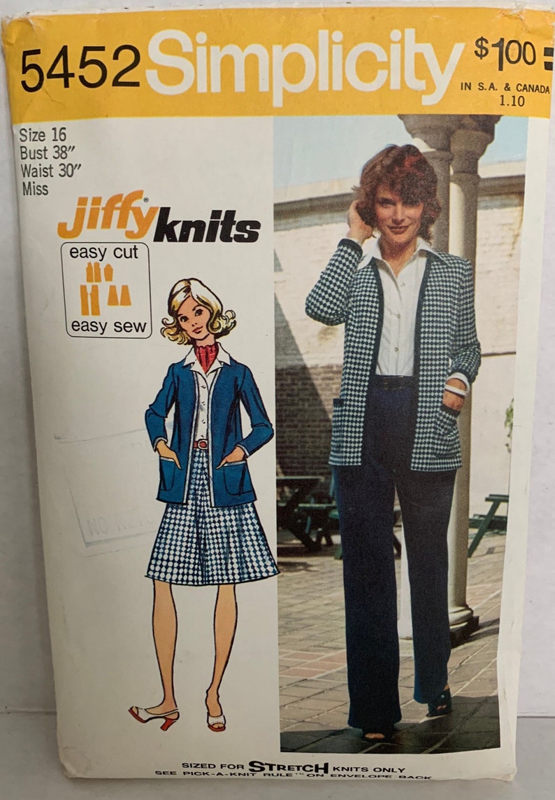 Vintage Simplicity 5452 Womens Misses Unlined Cardigan Jacket Pants and Skirt Sewing Pattern Size 16 1970s Neatly Cut and Complete image 1