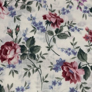 Floral Fabric Cotton Vintage Cottage Style RJR Lauren’s Flowers Red Pink Lavender Roses Beige background 1/2 Yard