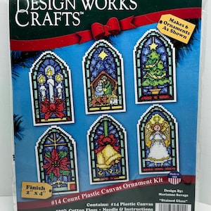 Stained Glass Look Christmas Ornaments Counted Cross Stitch Kit Makes 6 Different Nativity Angel Bells Tree Poinsettia Candles