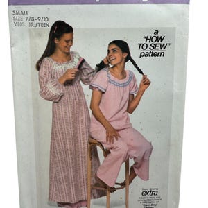 May include: Simplicity pattern 8143, showing a pink and white floral nightgown and pajama set. The pattern is for sizes 7/8-9/10, YNG. JR./TEEN. The cover includes the text "HOW TO SEW" pattern.