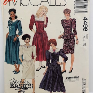 Vintage jaren 80 McCall's 4498 Misses verlaagde taille jurk naaipatroon verzameld juk voorkant gegolfde peplum schort optie maat 10 ONBESNEDEN