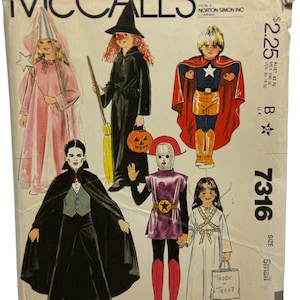 May include: Vintage McCall's sewing pattern with illustrations of children's Halloween costumes. The designs include a witch, vampire, superhero, angel, and futuristic character. The pattern envelope is aged with text and a price tag.