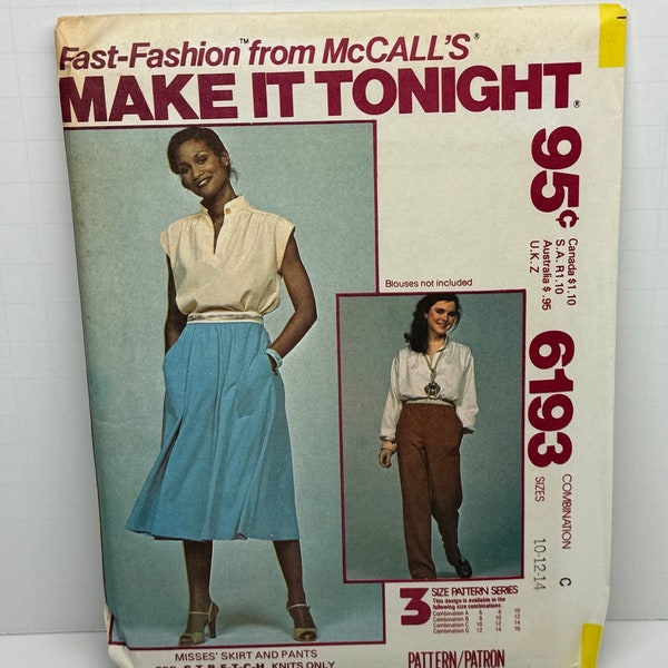 Vintage 70s McCall’s 6193 Misses Stretch Knit Skirt and Elastic Waist Pants Sewing Pattern Easy to Sew Sizes 10-12-14 UNCUT FF