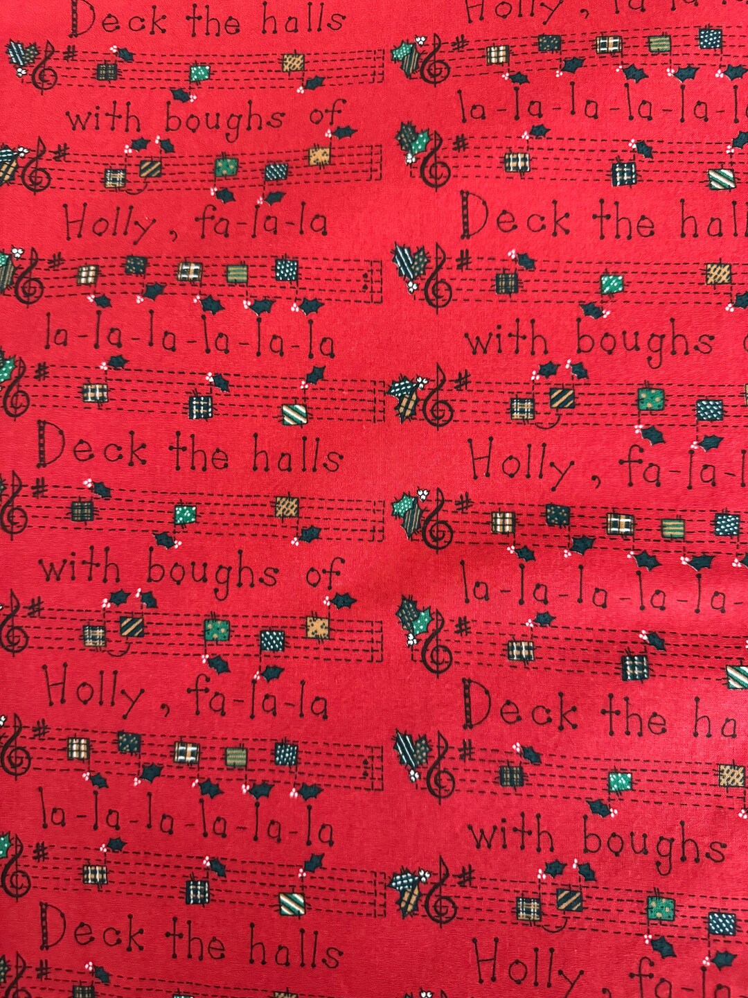 Deck the Halls Christmas Music Fabric Cotton Vintage 1990s Musical
