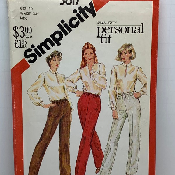 Vintage Simplicity 5617 Misses Proportioned Pants Slacks Trousers Personal Fit Sewing Pattern Pull-on Elastic Waist Size 20 Waist  UNCUT FF