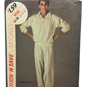 May include: Vintage McCall's sewing pattern featuring a two-piece athletic outfit. The pattern includes a collared sweatshirt and loose-fitting pants. The package is labeled "STITCH 'N SAVE" and includes the size and price.
