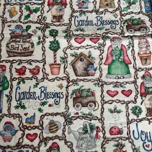 Dianna Marcum Garden Blessings Cotton Christmas Fabric Santa Claus Noel Joy Birds Hearts Behives Wagons Retired Vintage 90s Choose Length