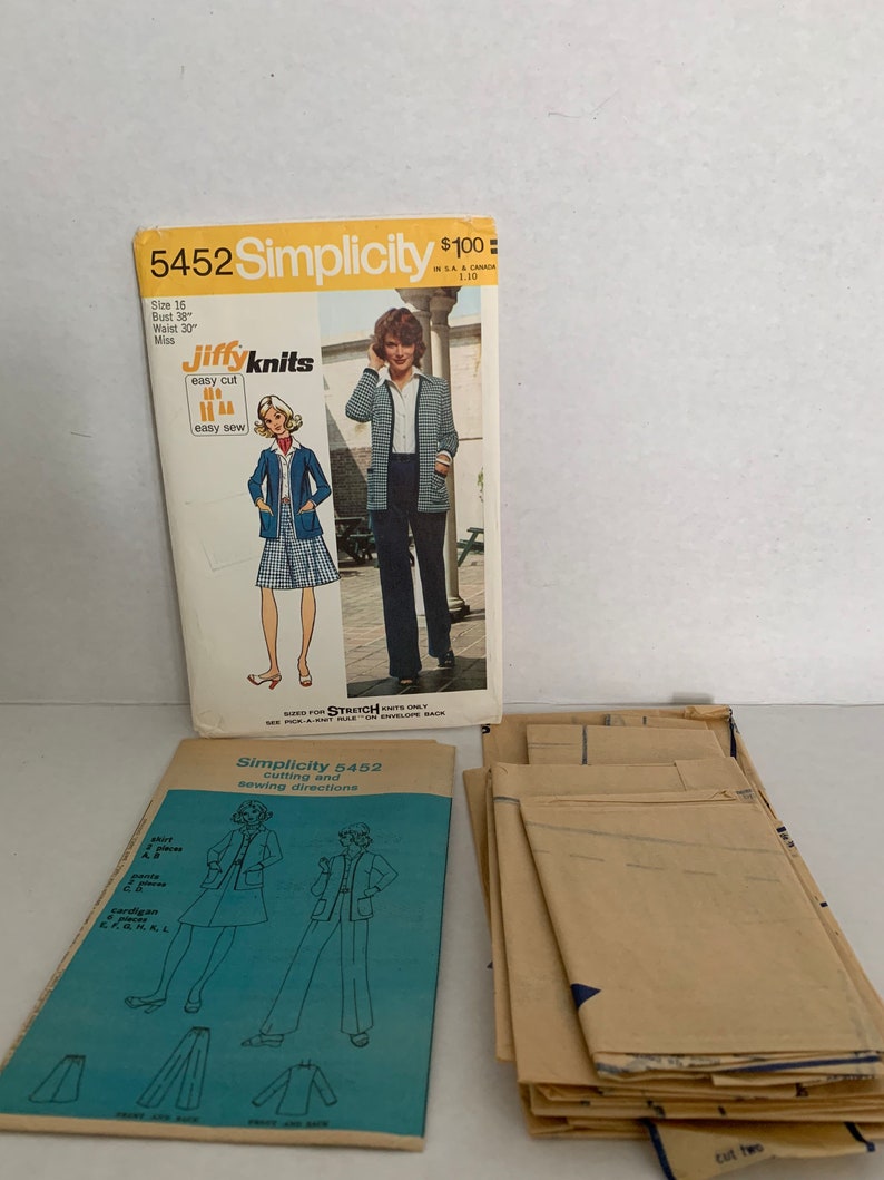Vintage Simplicity 5452 Womens Misses Unlined Cardigan Jacket Pants and Skirt Sewing Pattern Size 16 1970s Neatly Cut and Complete image 2