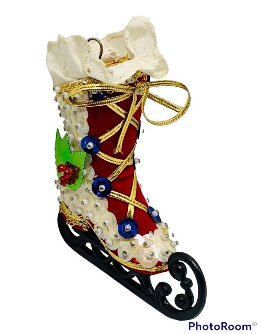 Vintage Sequined Ice Skate Christmas Ornament Red and White Handmade