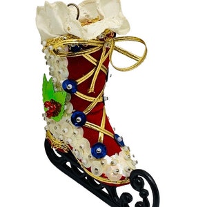 Vintage Sequined Ice Skate Christmas Ornament Red and White Handmade Circa 1970s