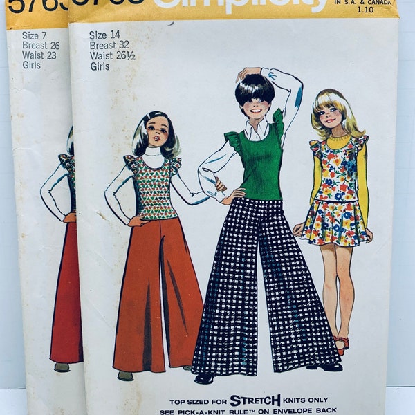 Vintage 1970s Simplicity 5763 Girl’s Pullover Top Skirt and Wide Leg Pants Sewing Pattern Choose Size 7 or 14 UNCUT FF