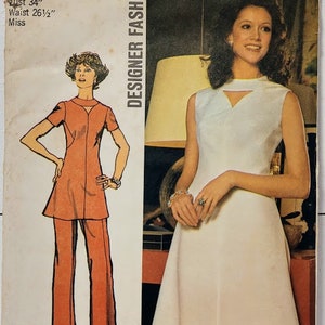 Vintage 1970s Simplicity 5009 Misses Keyhole Neck Dress or Tunic and Pants Sewing Pattern Size 12 bust 34" Waist 26.5" UNCUT FF