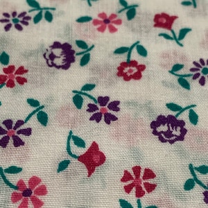 Vintage Purple & Pink Flower  Cotton Floral Fabric White Background 45&quot; x 34.5&quot;