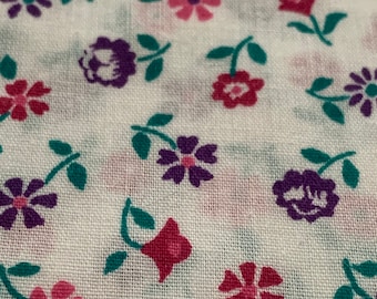 Vintage Purple & Pink Flower  Cotton Floral Fabric White Background 45" x 34.5"