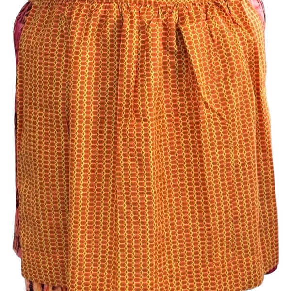 Vintage 1970s Orange and Yellow Apron with Hexagon Design and Patch Pocket Mid Century Will Fit Larger Sizes Also