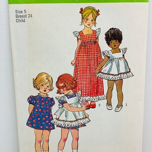 Girls Cottagecore Ruffled Dress and Pinafore Sewing Patterns Vintage 1970s Apron Dress Simplicity 5383 or 5534 Size 5 UNCUT FF image 5