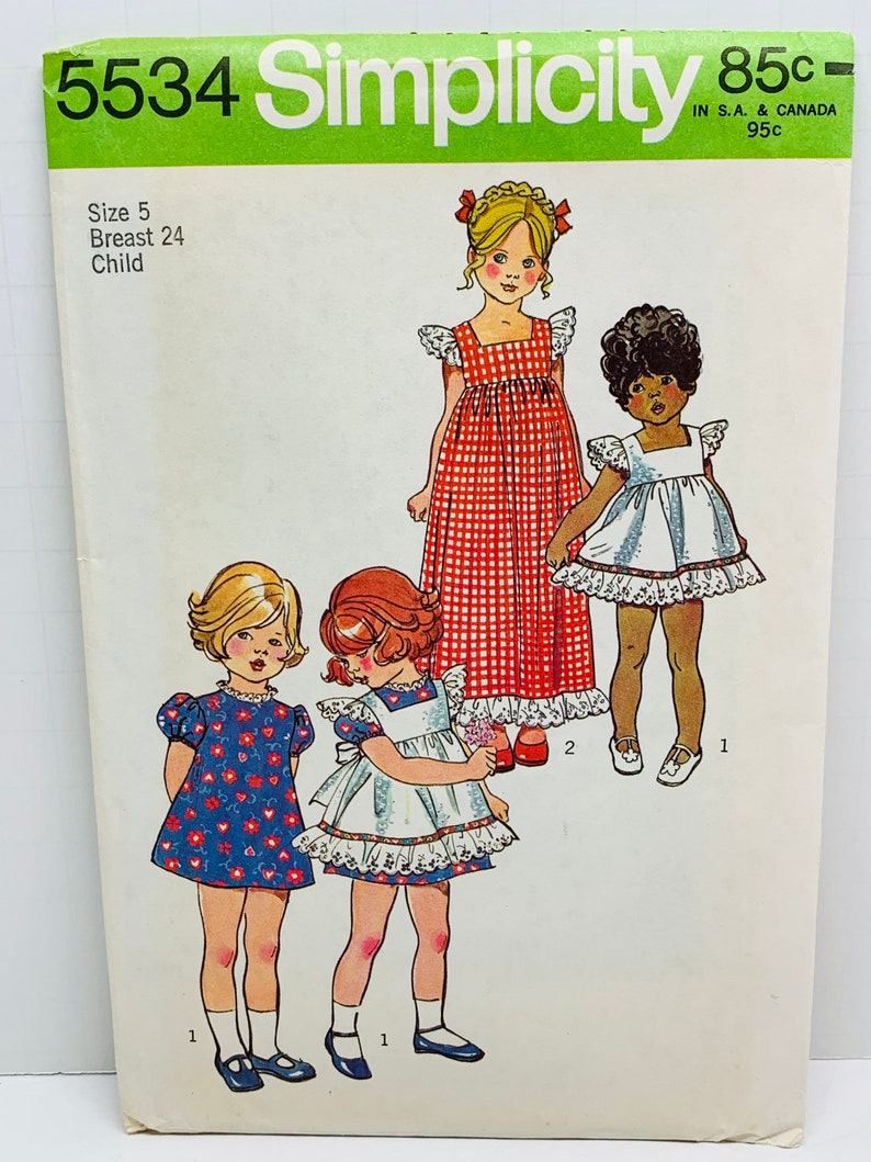 Girls Cottagecore Ruffled Dress and Pinafore Sewing Patterns Vintage 1970s Apron Dress Simplicity 5383 or 5534 Size 5 UNCUT FF image 5