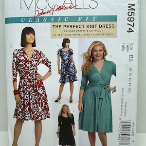 May include: A sewing pattern for a knit dress. The pattern includes four different views of the dress, each with a different color and style. The pattern is for sizes 8-10-12-14-16. The pattern is called "The Perfect Knit Dress" and is from McCall's.