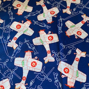 Vintage Novelty Airplane Cotton Fabric Aviation Navy Blue 1 Yard Boys & Girls Kids