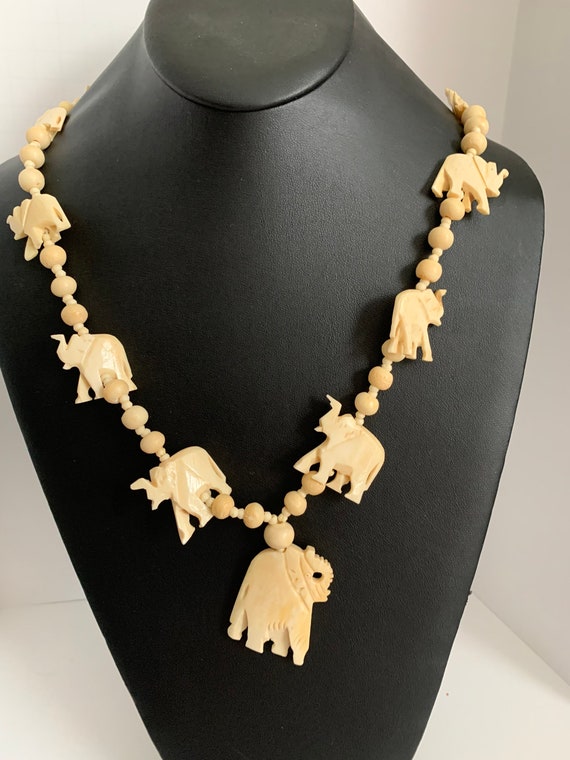 Vintage 29 Carved Bone Elephant Necklace Trunk up Very Unique - Etsy