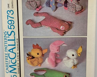 Stuffed Animals Sewing Pattern Plush Toys Frog Rooster Duck Chick Bunny Rabbit McCall’s 5973 in Two Sizes Vintage 70s UNCUT FF