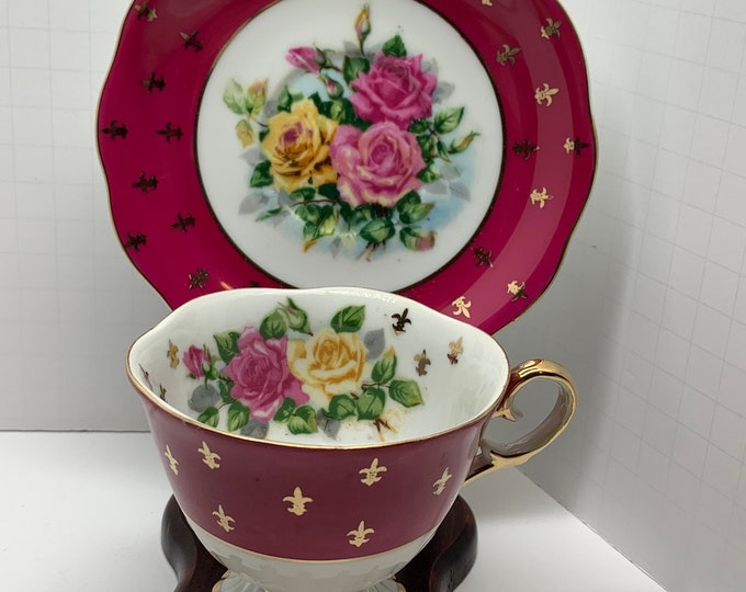Vintage LM Royal Halsey Floral Pedestal Tea Cup & Saucer Pink Yellow