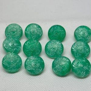 Lot Of 12 MINT GREEN Plastic Buttons Embossed Vintage 1970s 1/2” Diameter