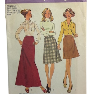 May include: Simplicity sewing pattern number 7142 for a skirt. The pattern includes two sizes, 18 and 20, with a waist measurement of 32 to 34 inches. The pattern features three women wearing different styles of skirts, one with a plaid pattern, one with a solid brown color, and one with a solid red color.