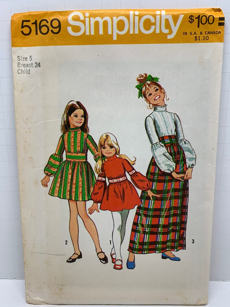 Vintage 1970s Girls Dresses in Two Lengths Sewing Pattern Simplicity 5222 or 5169 Jumper or Skirt Gathered to Bodice Size 5 UNCUT FF image 5