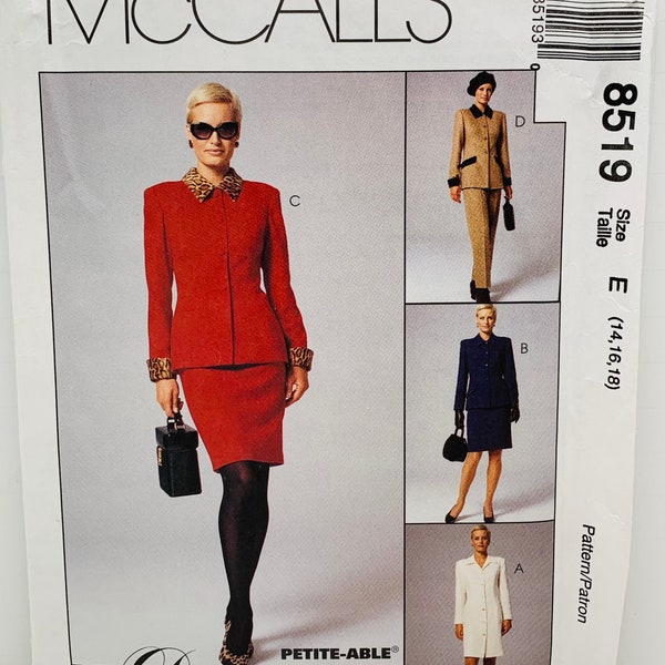 McCall’s 8519 Four Piece Women’s Suit Pantsuit Wardrobe Sewing Pattern  Sizes 14-16-18 Jacket Dress Pants And Skirt  UNCUT FF