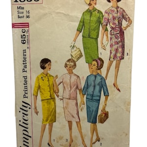 May include: Vintage Simplicity sewing pattern 4859 showing illustrations of women's suits in different colours. The pattern includes a size 16 with a 91 cm bust. The cover shows signs of age and wear.