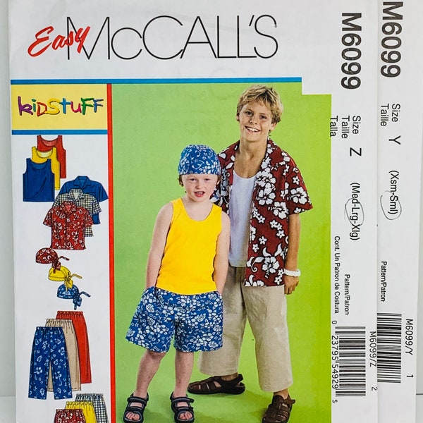 Easy McCall’s Kidstuff 6099 3193 Sewing Pattern Boys Pull On Shorts and Cropped Pants Tank Top Button Shirt Sizes  3-6 or 10-16 UNCUT