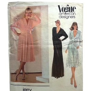 May include: Vintage Vogue American Designers sewing pattern featuring three dress designs. The pattern includes a pink dress, a black dress, and a light blue dress. The designer is Jerry Silverman, and the pattern number is 2674.