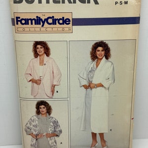 May include: A vintage sewing pattern for a women's jacket. The pattern is from Butterick, the Family Circle Collection, and is for sizes P-S-M. The pattern shows three different styles of jackets, all with long sleeves and a collar.