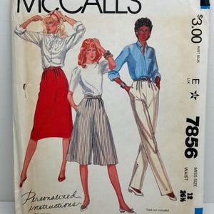 May include: A sewing pattern for a women's outfit. The pattern includes three different looks: a red skirt with a white blouse, a striped pair of culottes with a white blouse, and a pair of white trousers with a blue shirt. The pattern is for size 12 and has a 26 inch waist. The pattern is from McCall's and is called "Personalized Instructions" featuring the "Fit as you sew" system by Palmer & Pletsch.
