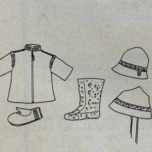 Op de afbeelding: Een zwart-witte lijntekening van een shirt met korte mouwen, een paar laarzen, een hoed met een rand en een want. Het shirt heeft een hoge kraag en een rits. De laarzen hebben een decoratief patroon. De hoed heeft een band om de rand. De want heeft een decoratieve band om de pols.